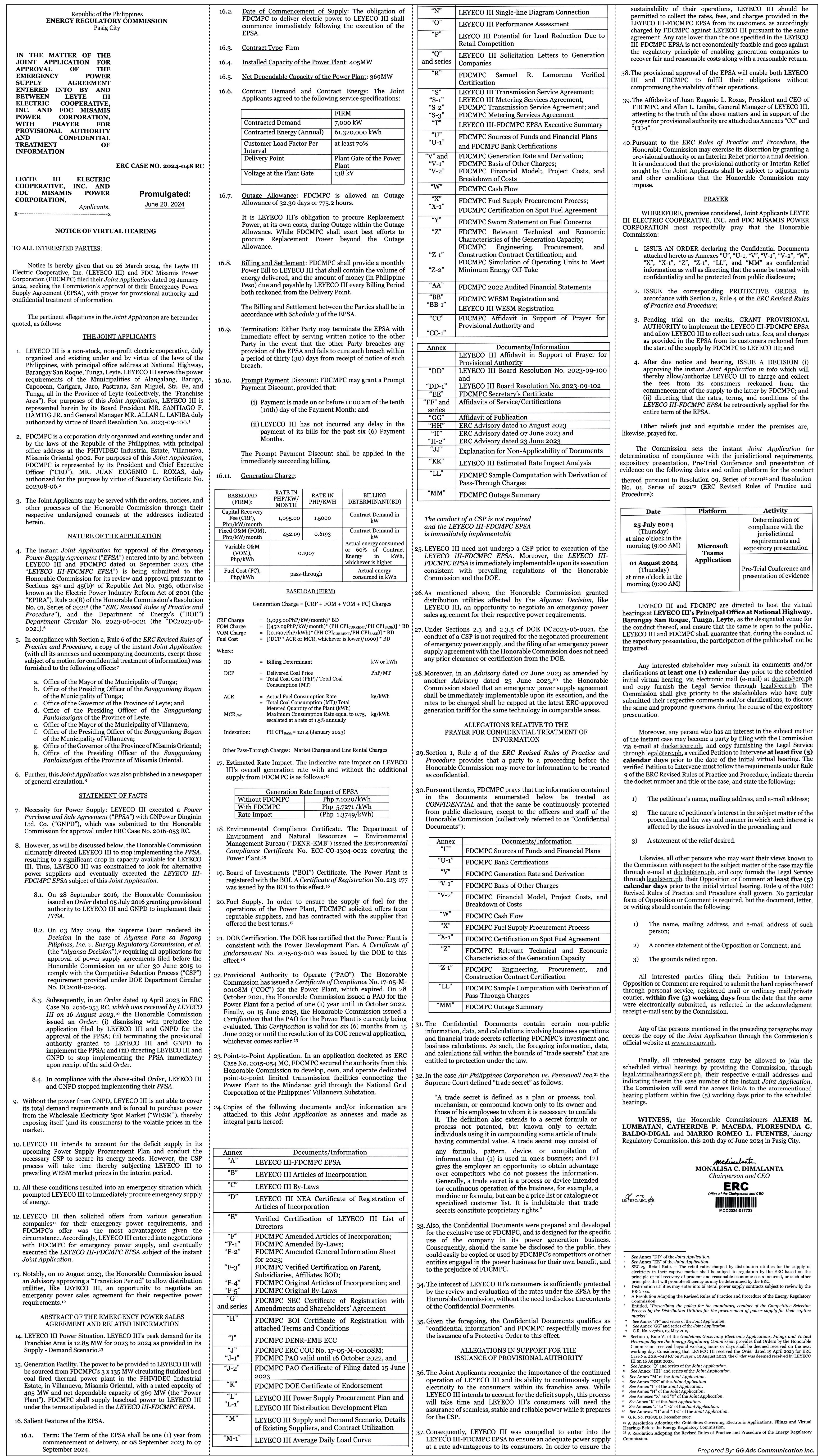 Notice of Virtual Hearing - Leyte III Electric Cooperative, Inc. and FDC Misamis Power Corp.